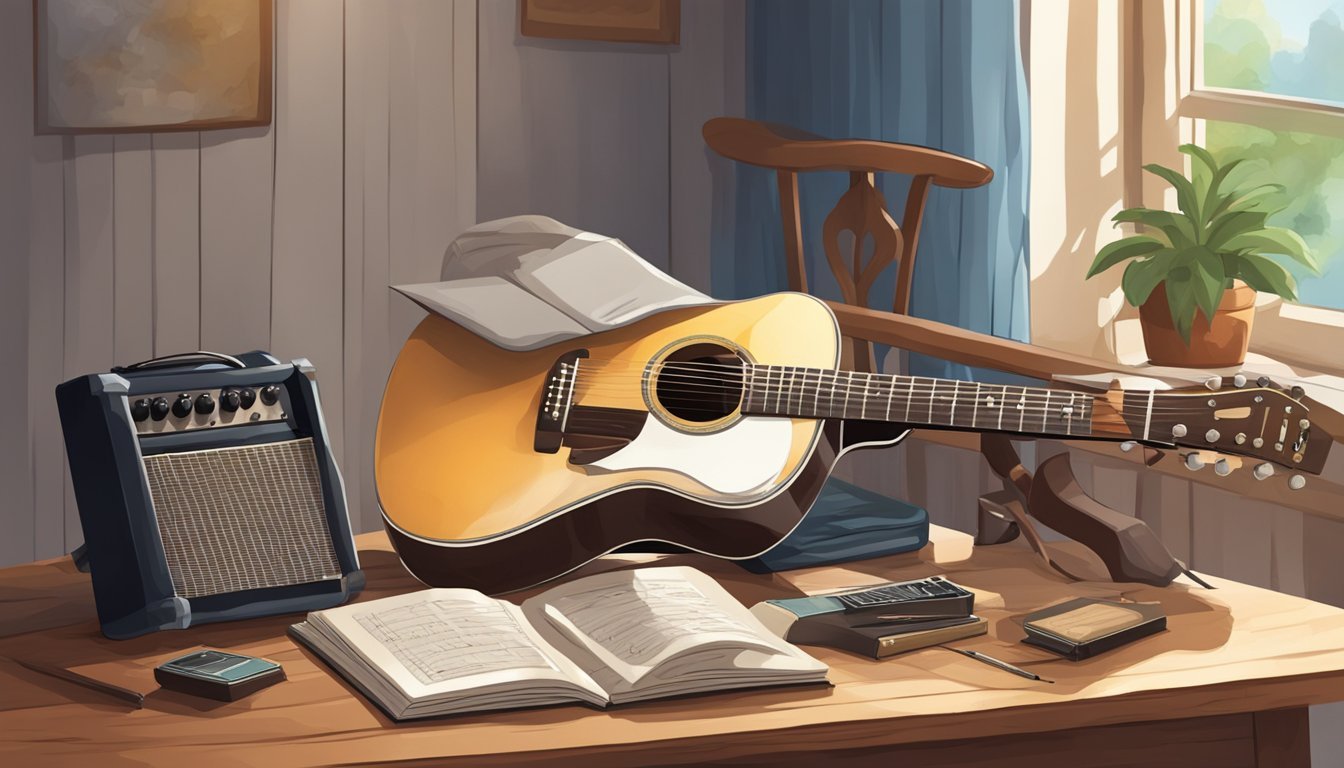 A guitar resting on a stand, surrounded by a music book, pick, and tuner on a wooden table with a chair nearby