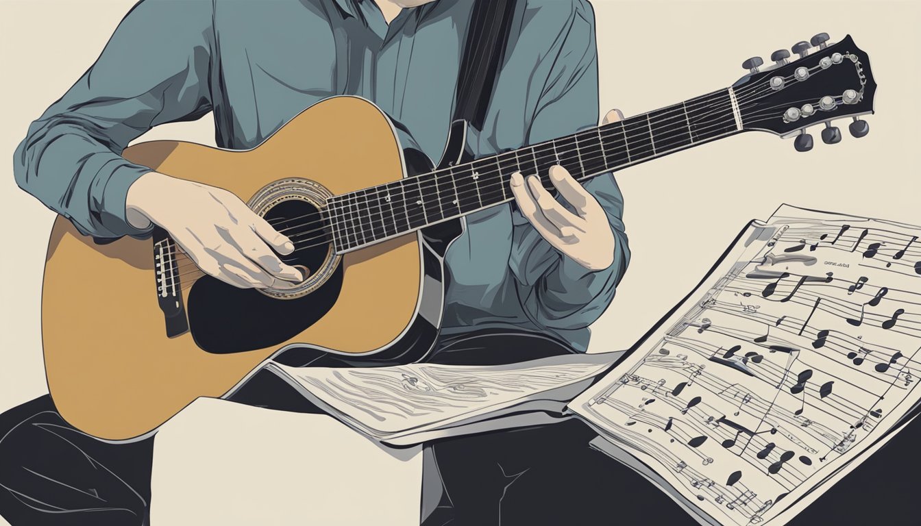 A person strums a guitar, fingers moving along the frets, while a sheet of music for "Paint It Black" rests nearby