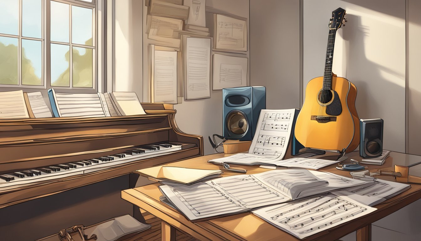 A guitar surrounded by sheet music, a metronome, and a music stand in a well-lit practice space
