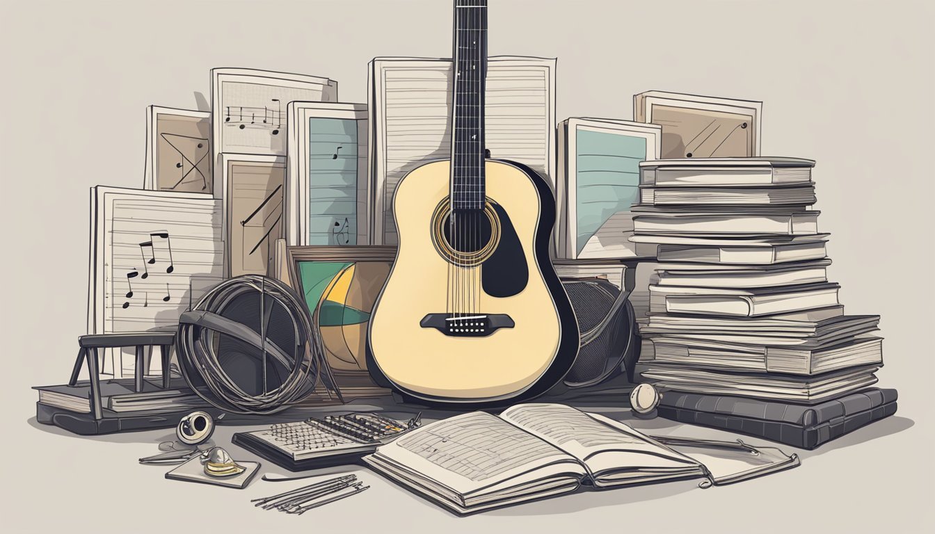 A guitar placed on a stand, surrounded by music theory books, a metronome, and various picks and strings
