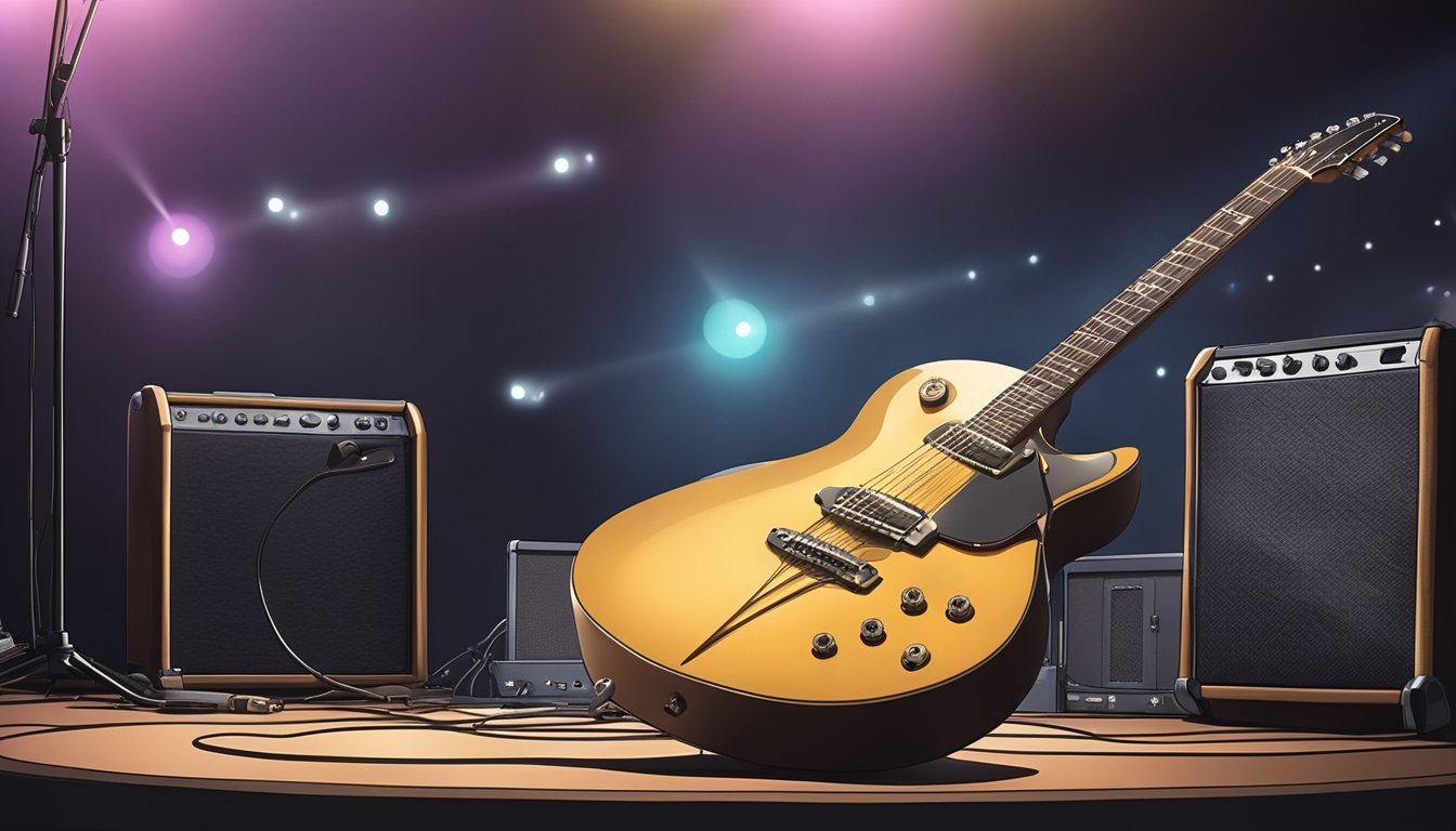 John Mayer's guitar resting on a stand, spotlight shining on it, surrounded by music equipment and stage lights