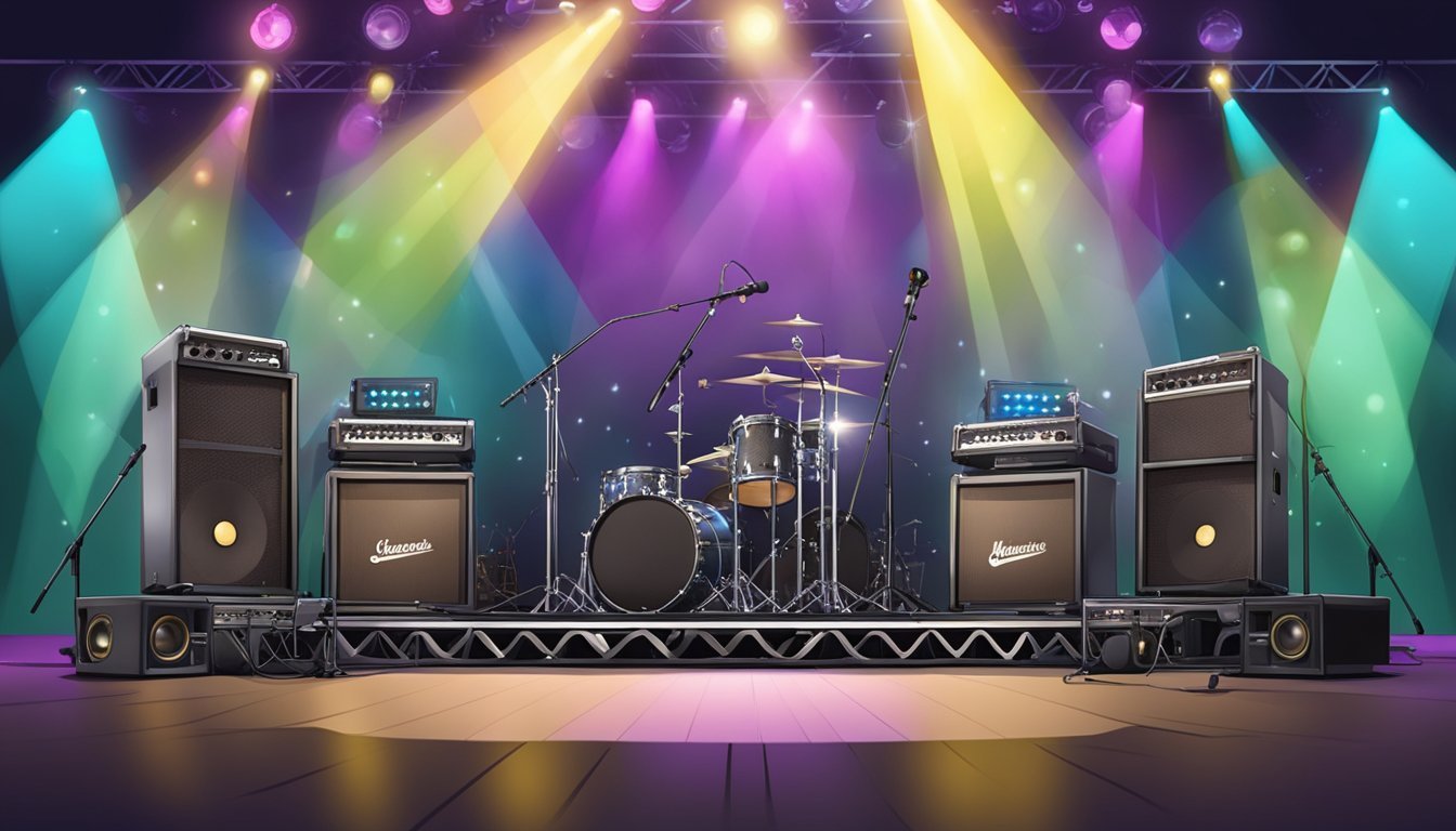 A stage with a spotlight on a guitar, surrounded by amplifiers and microphones