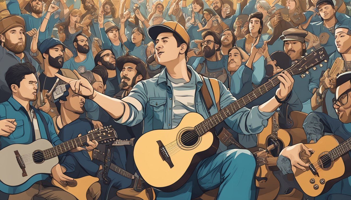 A musician surrounded by various guitars, pointing to one while fans ask questions