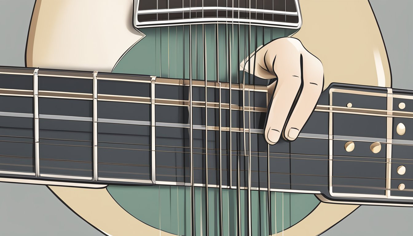 A guitar fretboard with fingers pressing down on the second fret of the A string and the second fret of the D string