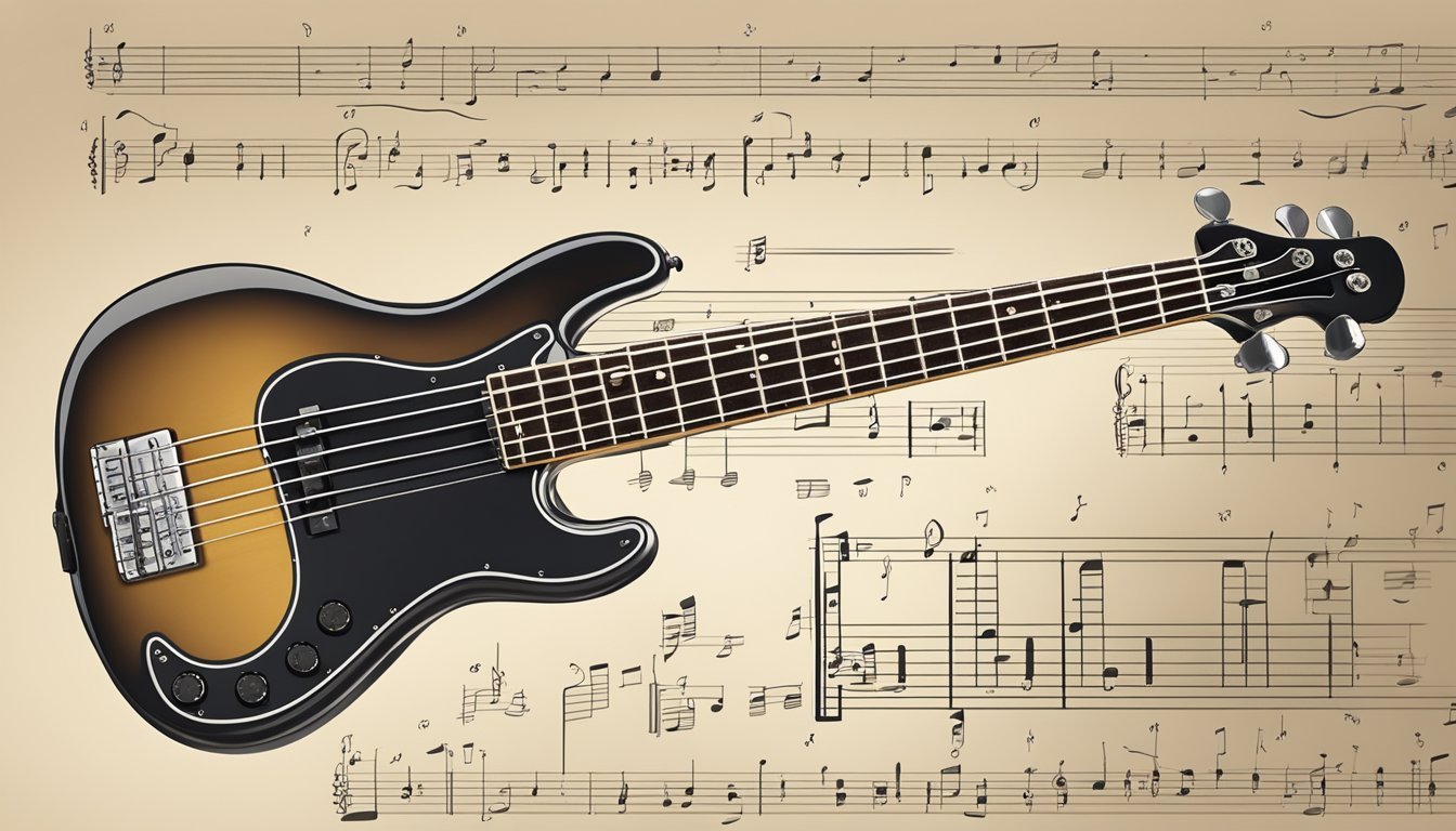 A bass guitar tablature book open to a page with notes and chords, surrounded by a pencil, eraser, and a bass guitar resting against a stand