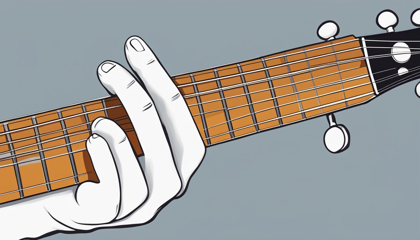 A hand holding a guitar, fingers pressing down on the second fret of the A string and the fourth fret of the D, G, and B strings