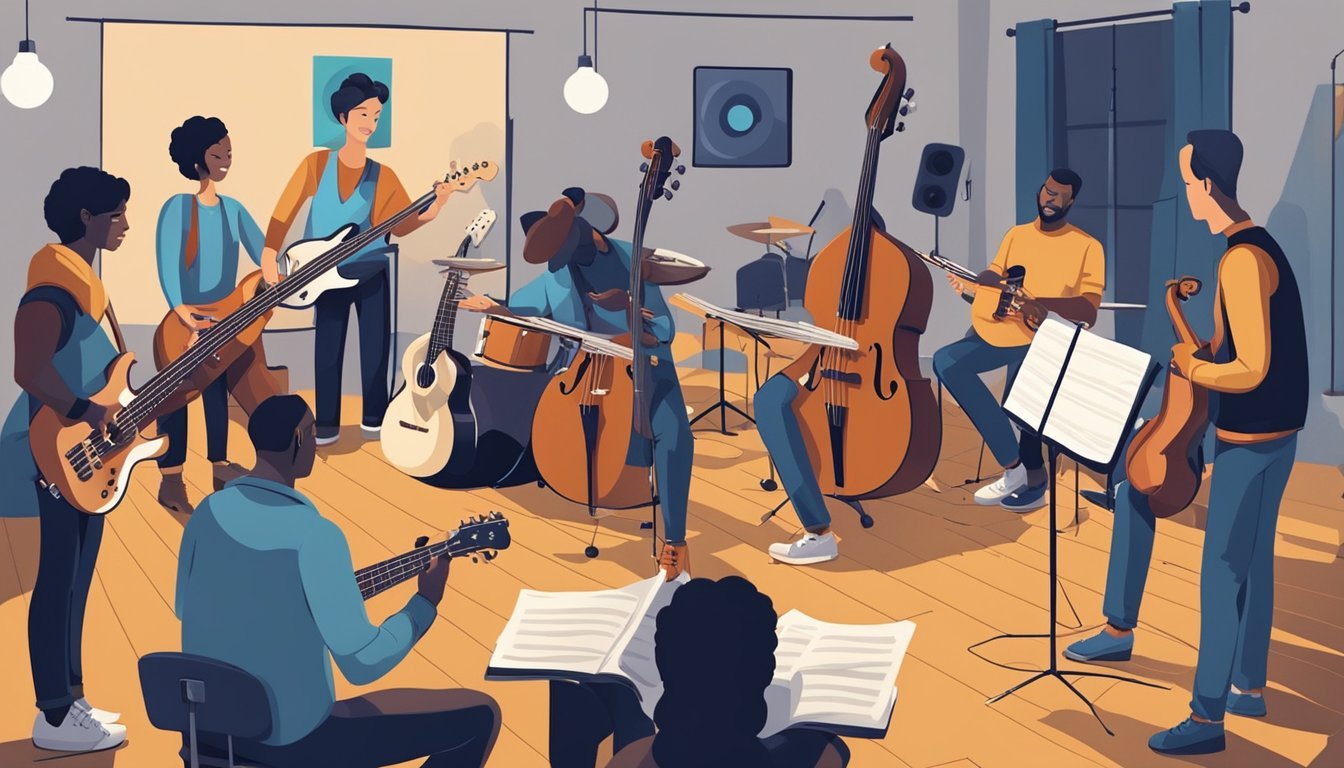 A group of people gathered in a music studio, exchanging tips and techniques on learning bass guitar.</p><p>Instruments and music sheets are scattered around the room