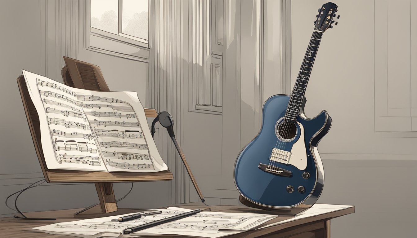 A guitar resting on a stand with sheet music placed on a music stand beside it