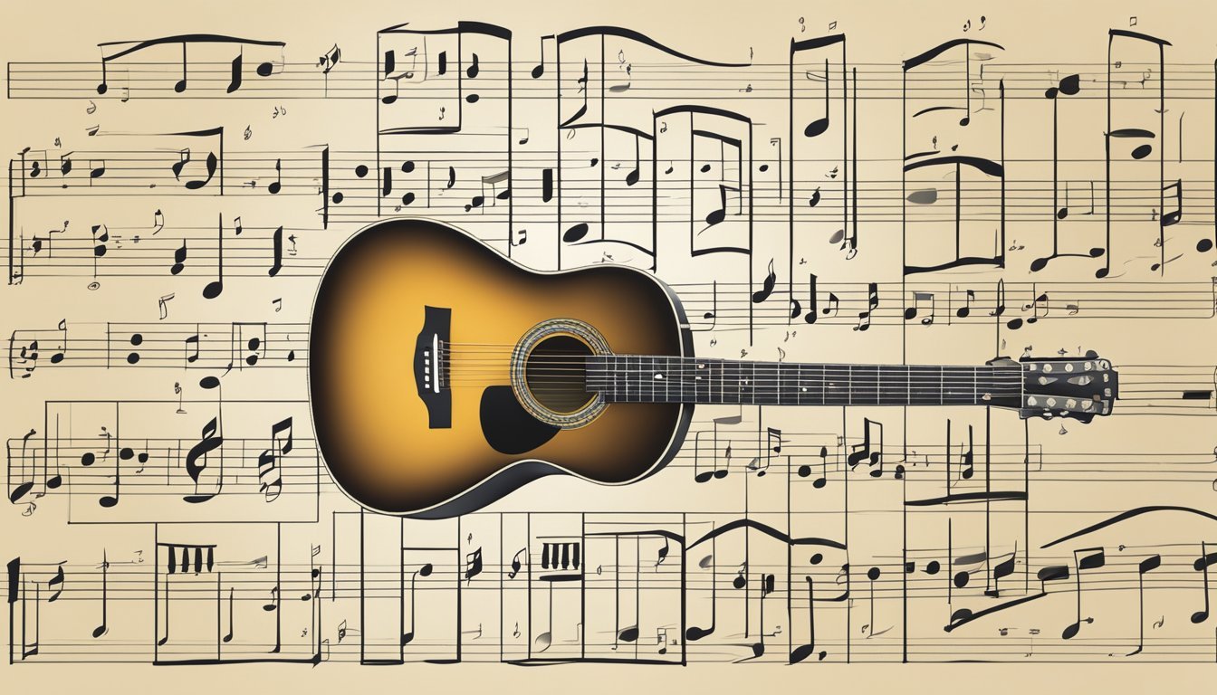 A guitar sheet music with various notations and symbols, including chord diagrams and strumming patterns, laid out on a music stand