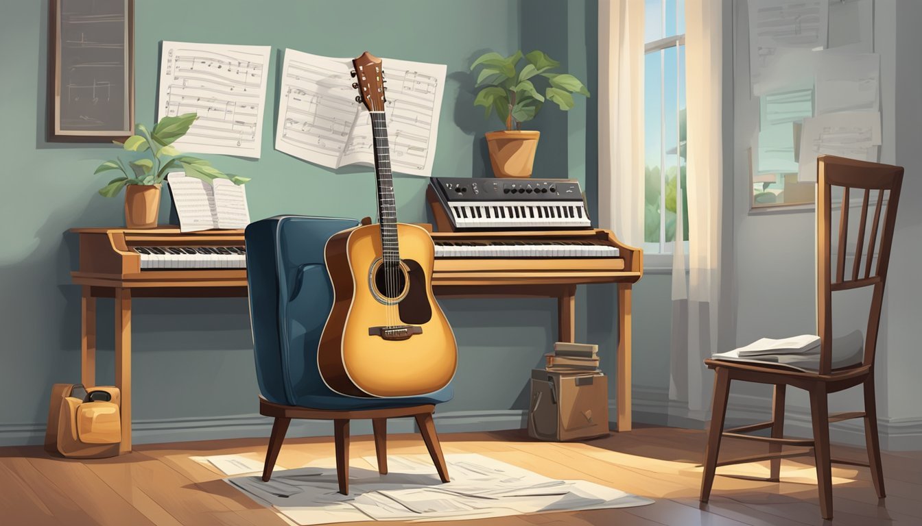 A guitar lying on a stand, surrounded by music sheets and a metronome, with a chair nearby for a musician to sit and practice