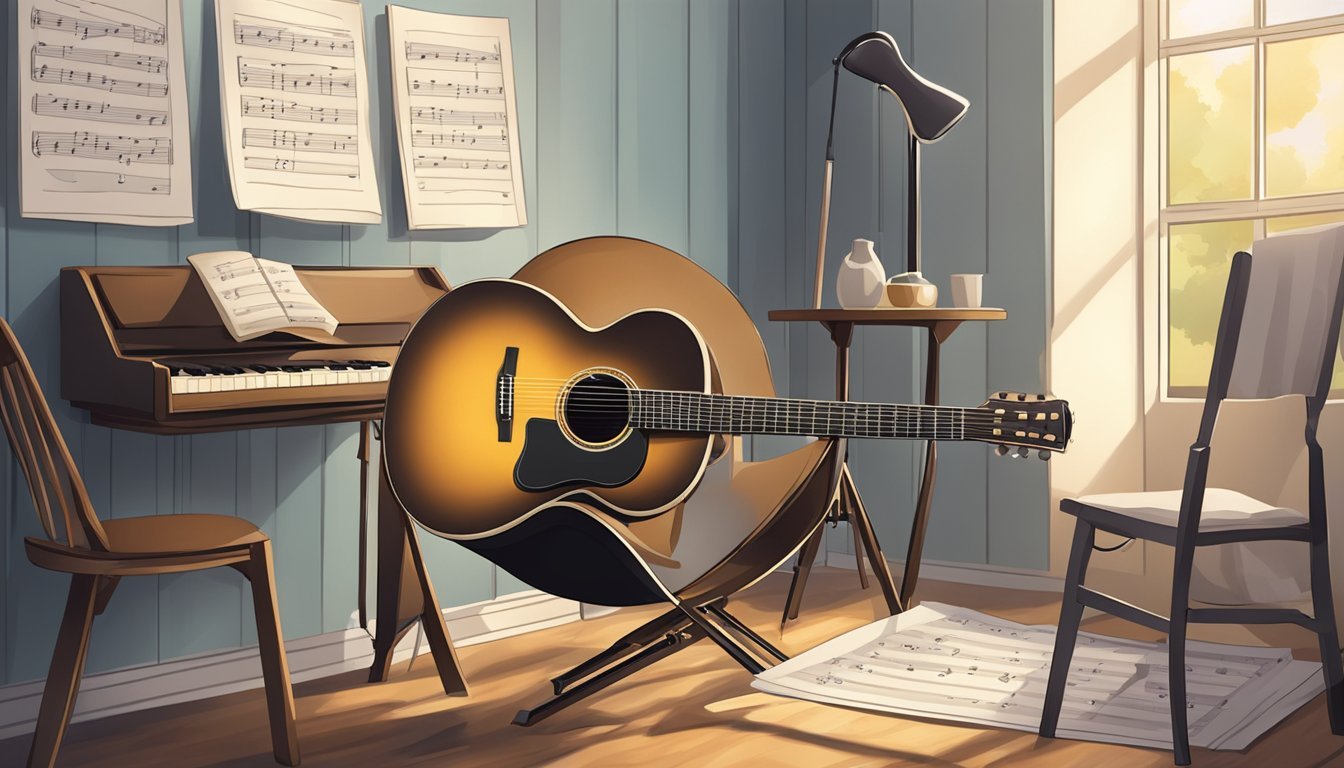 A guitar resting on a music stand, surrounded by sheet music and a metronome, with a chair nearby for the player