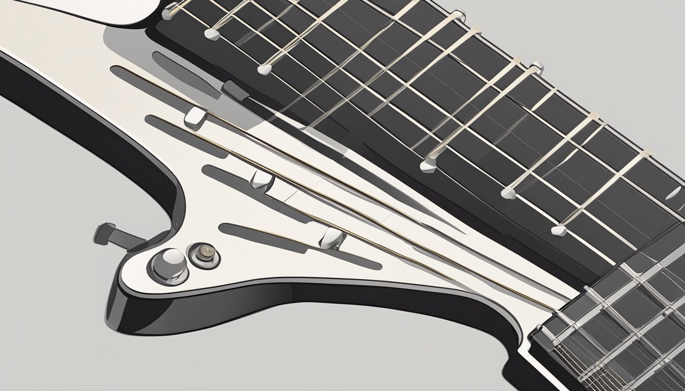 A guitar fretboard with fingers pressing down on the 7th fret of the A string and the 8th fret of the B string