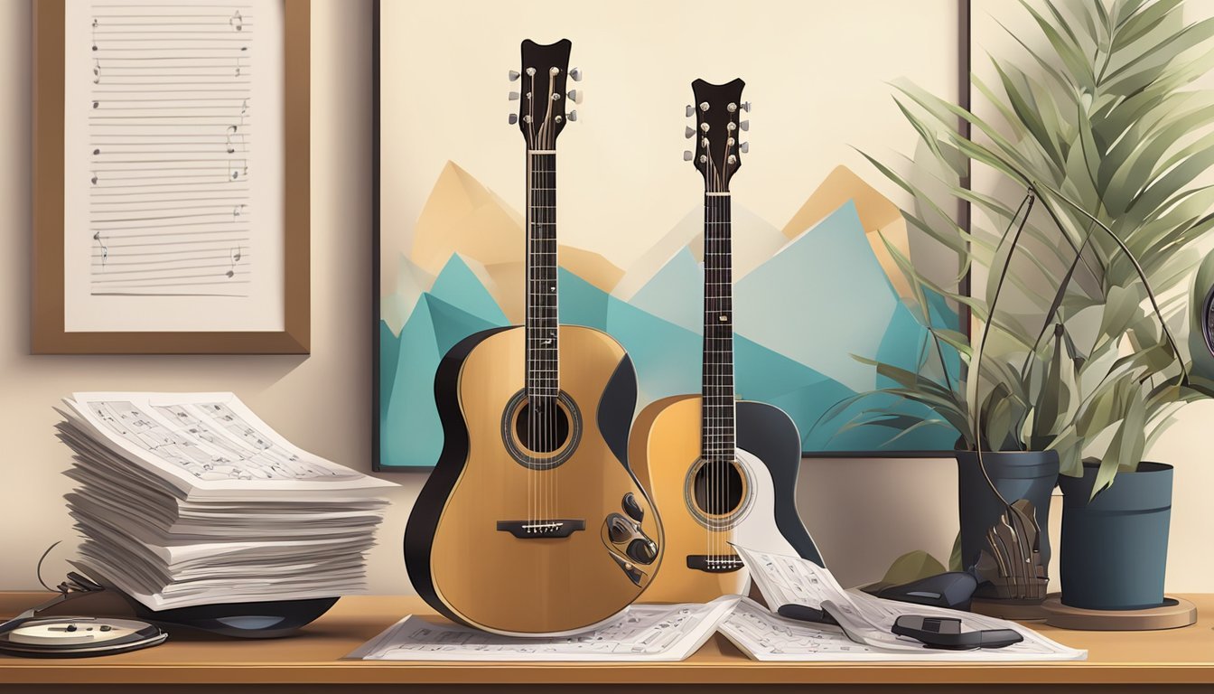 A guitar resting on a stand, surrounded by sheet music and a metronome, with a music stand nearby