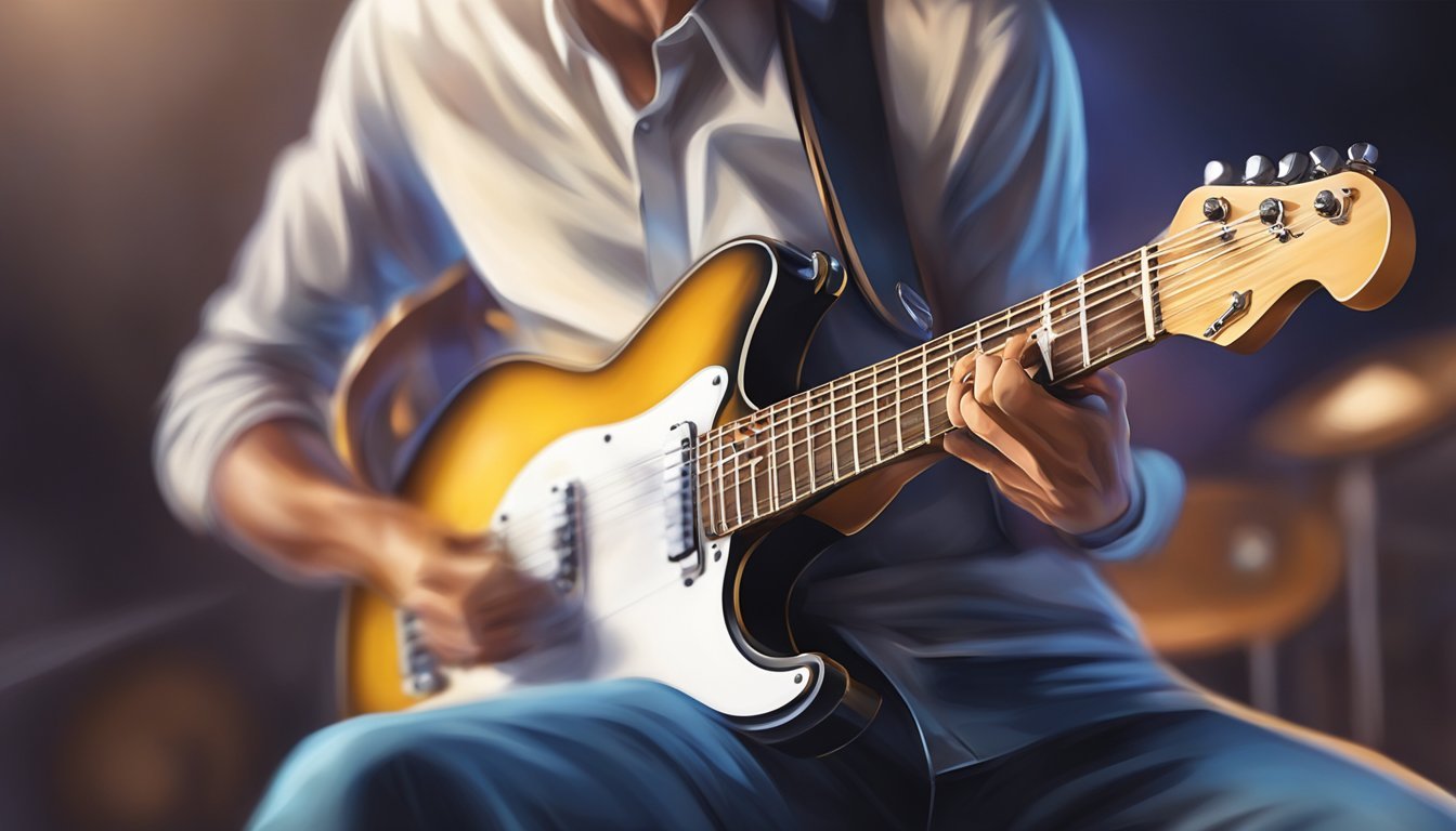 A guitarist's fingers fly across the fretboard, creating a blur of movement as they shred out a lightning-fast solo
