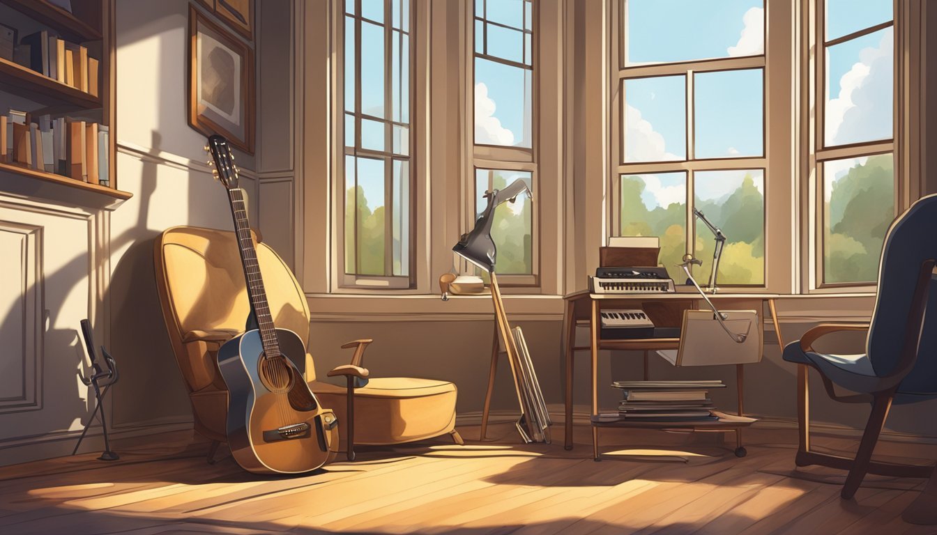 An acoustic guitar resting on a stand, surrounded by a music book, tuner, and pick.</p><p>A chair sits nearby, with a window casting natural light onto the scene