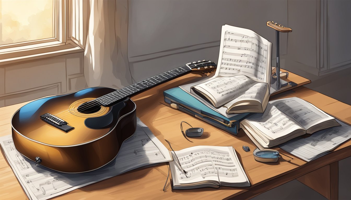 A guitar resting on a stand, surrounded by sheet music and a metronome.</p><p>A chair nearby, with a music book open to a beginner's lesson