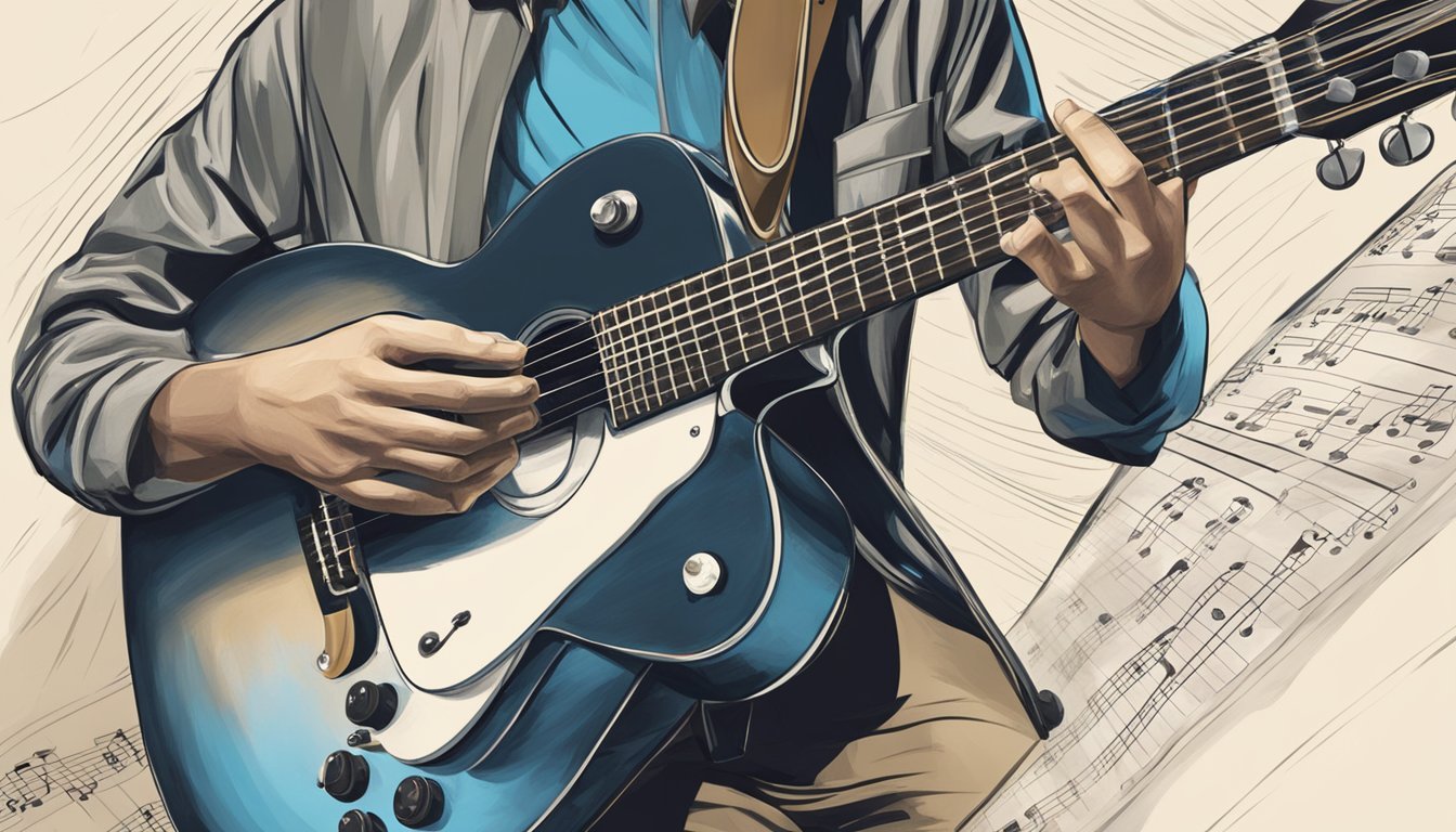 A person's hand strumming a guitar, with a music stand and sheet music in the background