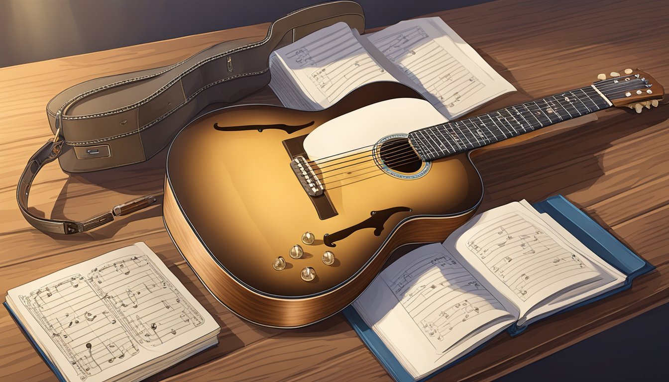 A guitar lying on a wooden table with a metronome next to it, surrounded by sheet music and a music theory book