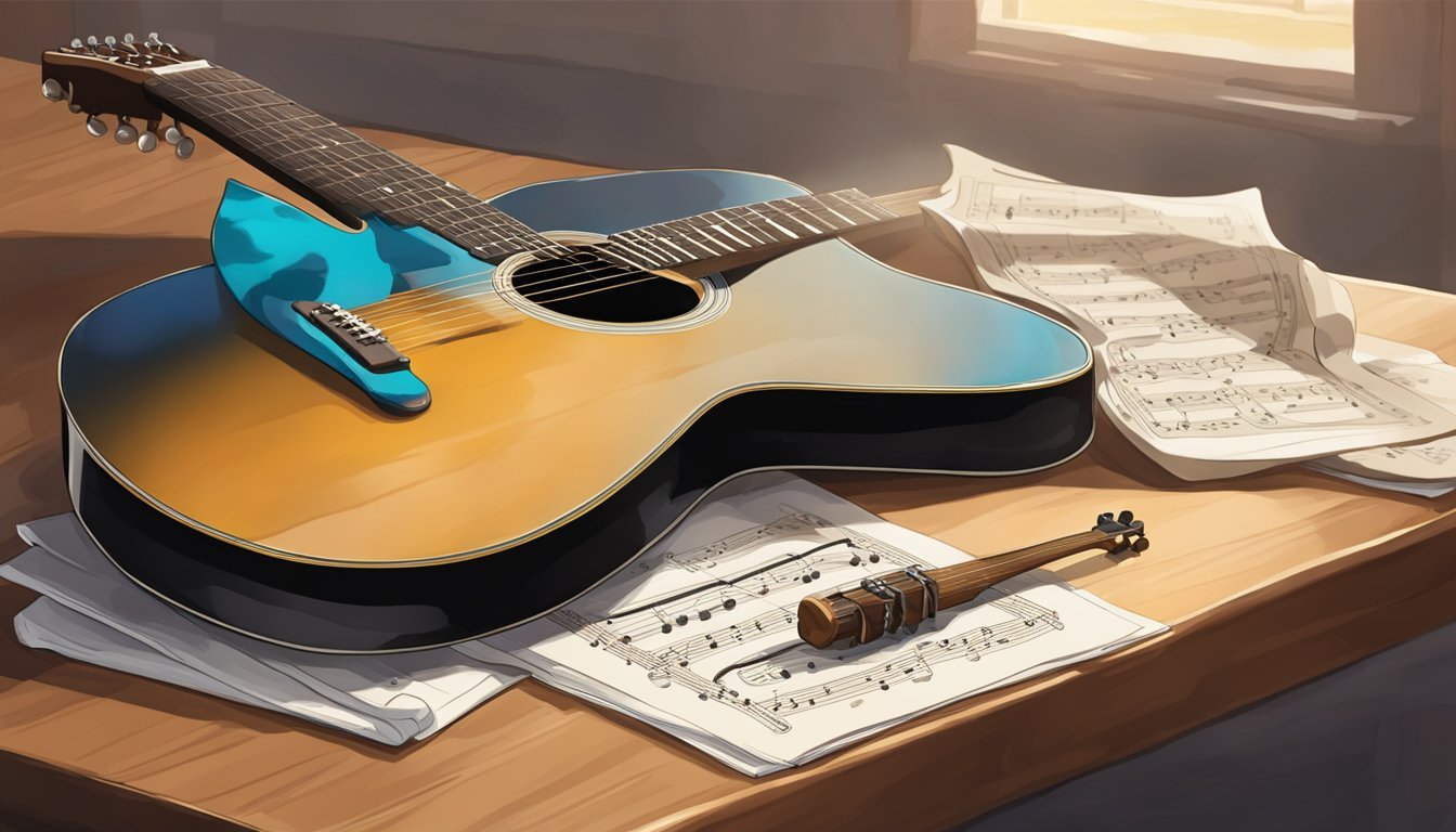 A guitar resting on a stand, with a music sheet of "Hotel California" nearby and a pick on the table