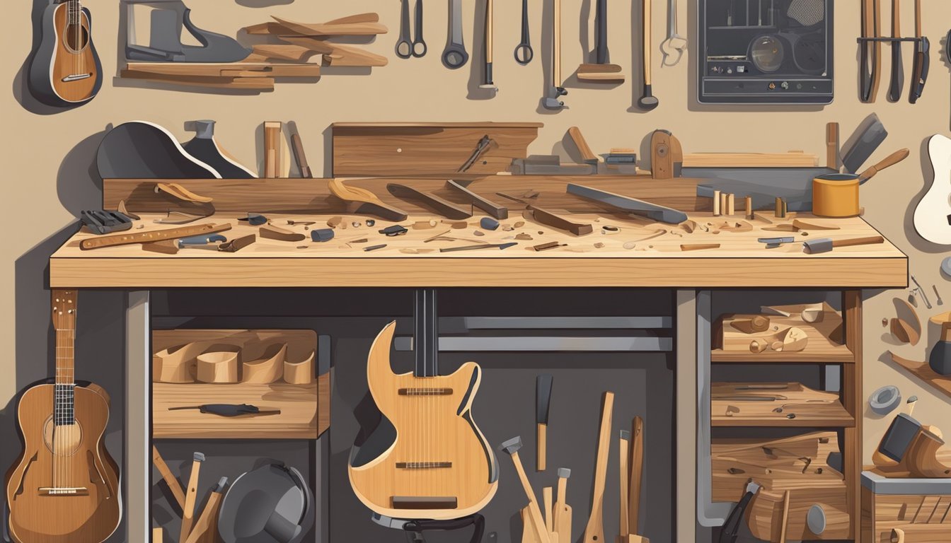 A workbench with various tools, wood shavings, and guitar components scattered around.</p><p>A luthier carefully shaping and assembling a guitar body