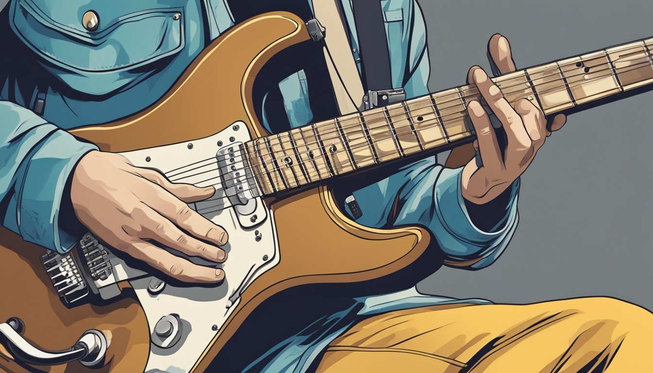 An electric guitar being strummed with fingers on the fretboard, while the other hand adjusts the tuning pegs.</p><p>Amplifier in the background
