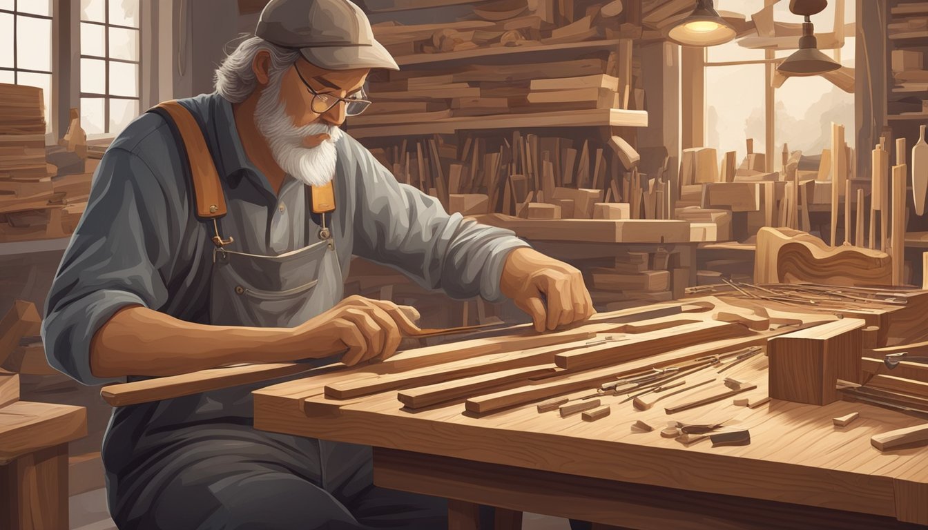 A luthier meticulously carves and shapes wood, files frets, and carefully assembles guitar components in a workshop filled with tools and wood shavings