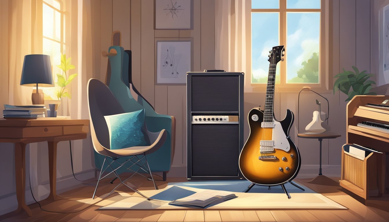 An electric guitar resting on a stand, surrounded by a music stand with sheet music, a metronome, and a tuner.</p><p>A comfortable chair and a well-lit room complete the scene