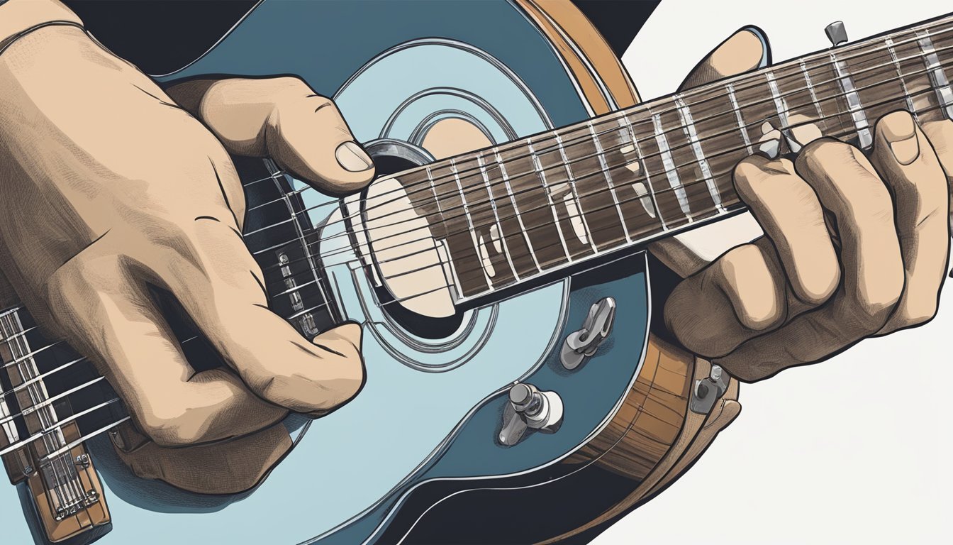 A hand holding a guitar with fingers pressing down on the third fret of the low E string, second fret of the A string, and open D, G, and B strings