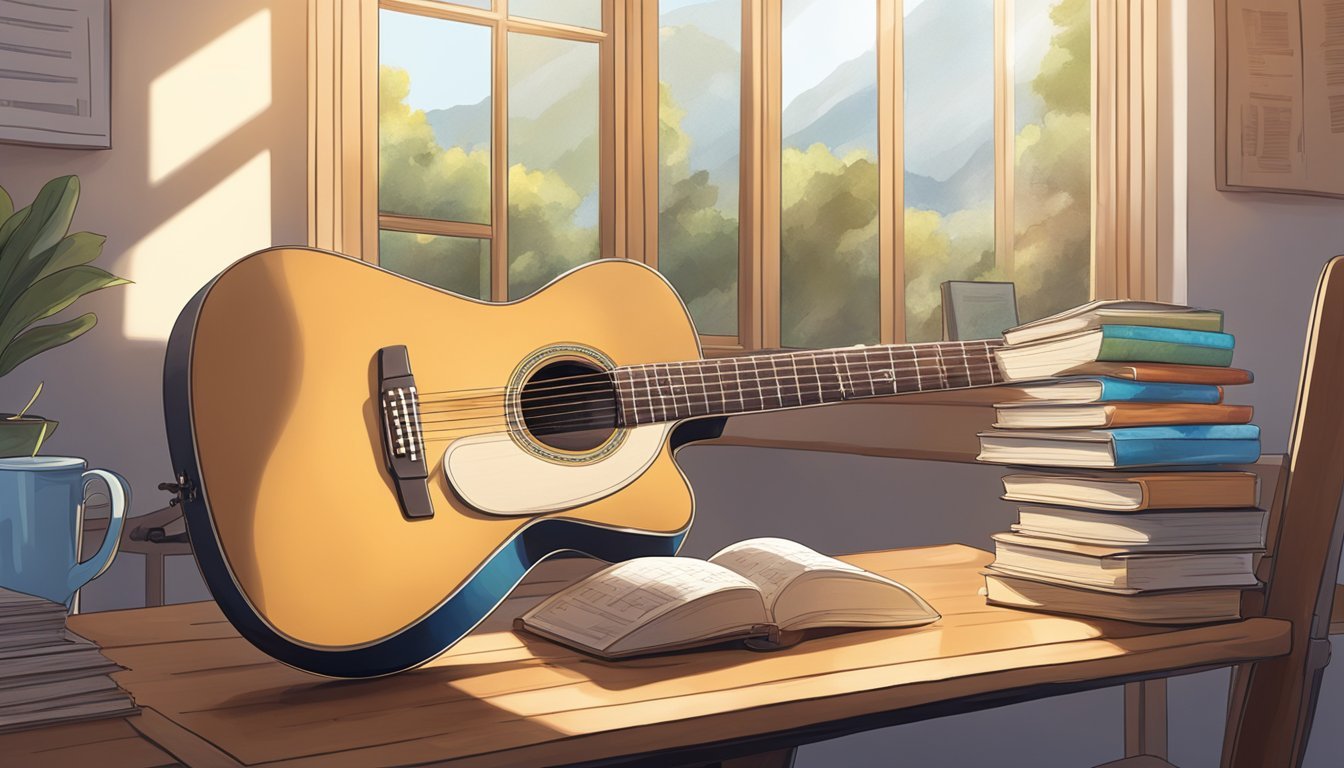 A guitar sits on a wooden chair in a sunlit room, surrounded by open books, sheet music, and a laptop displaying online tutorials