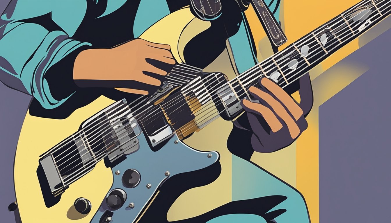 An electric guitar being held by a person's silhouette, with fingers placed on the fretboard and another hand strumming the strings.</p><p>The person's body is angled towards the guitar, with a focused expression