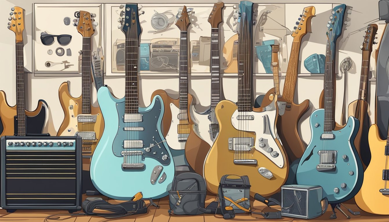 An electric guitar resting on a stand, surrounded by various tools and accessories for maintenance.</p><p>Different guitar styles depicted in posters on the wall