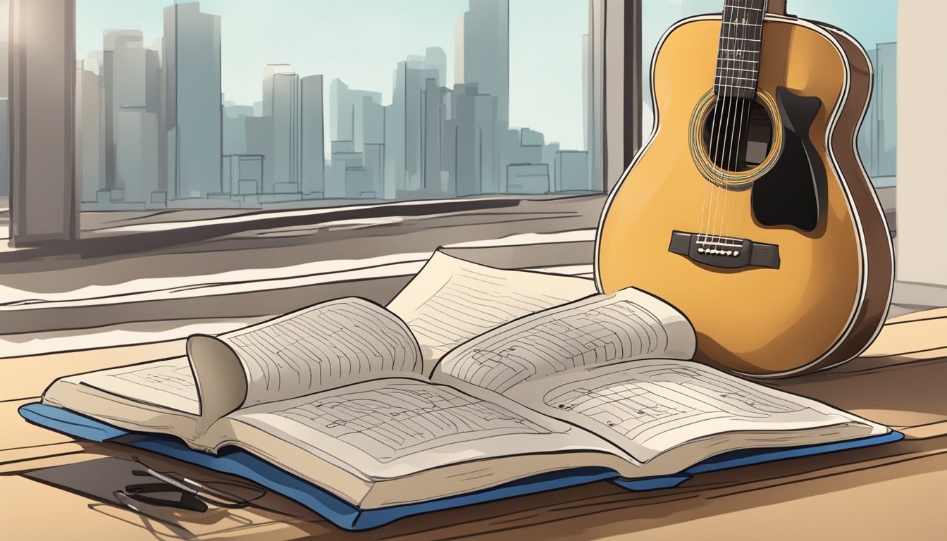 A guitar resting on a stand with a music book open nearby