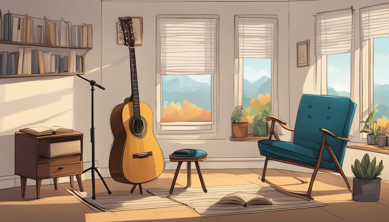 A cozy room with a chair, music stand, and acoustic guitar.</p><p>A book of sheet music is open on the stand, and a metronome sits on the table