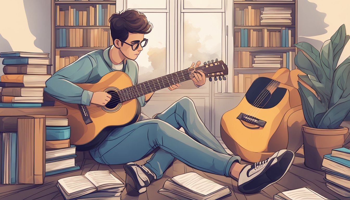 A person sitting with a guitar, surrounded by music books and online tutorials, practicing chords and strumming