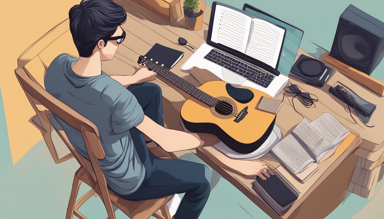 A person sitting with a guitar, surrounded by music books and online tutorials, practicing chords and strumming techniques