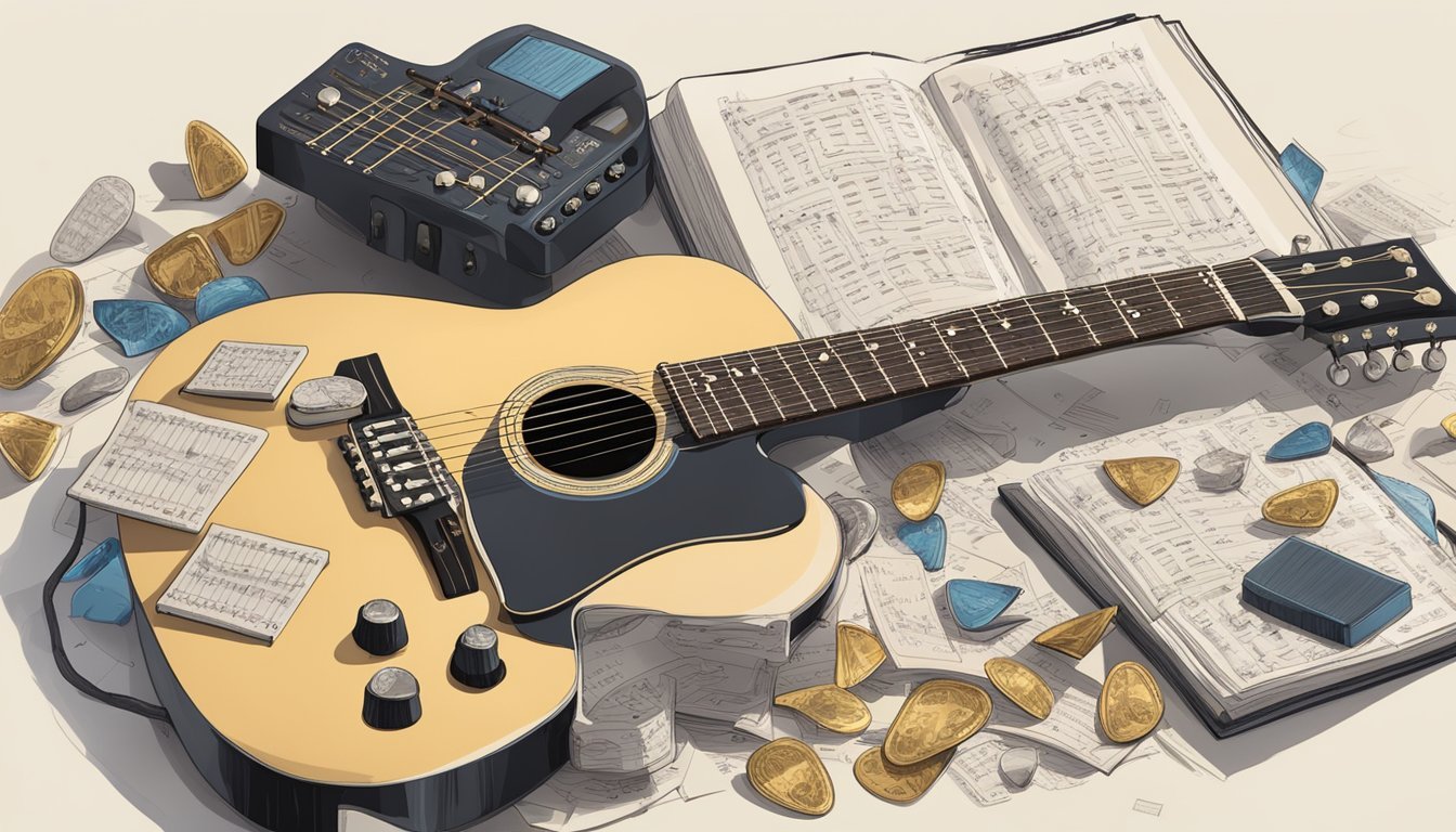 A guitar placed on a stand next to an open music book with notes and chords, surrounded by scattered guitar picks and a tuning device