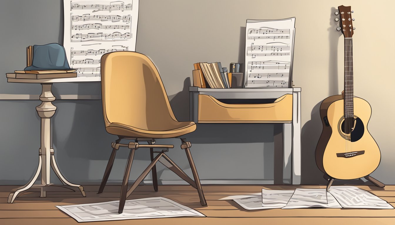 A guitar resting on a stand, with a pick and sheet music nearby.</p><p>A chair and music stand are set up for practice