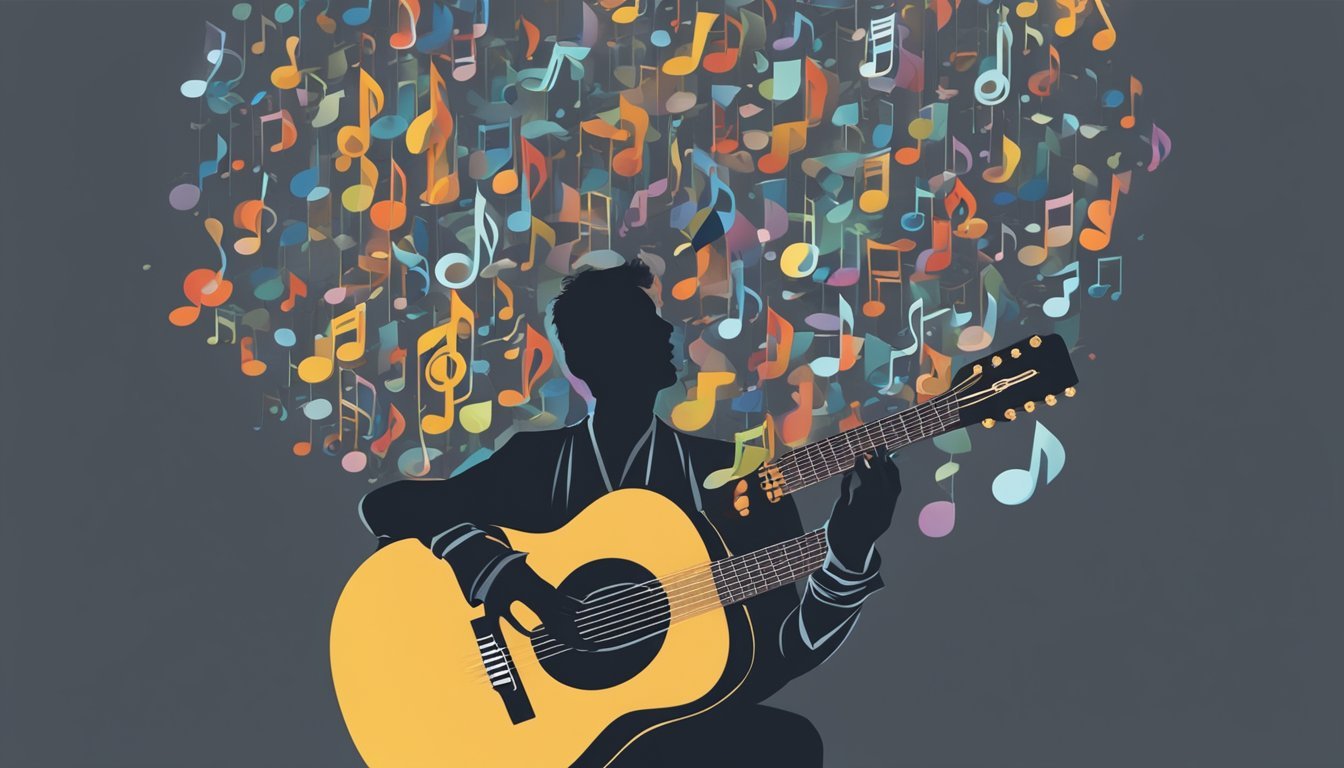 A person holding a guitar, with a question mark above their head, surrounded by floating musical notes