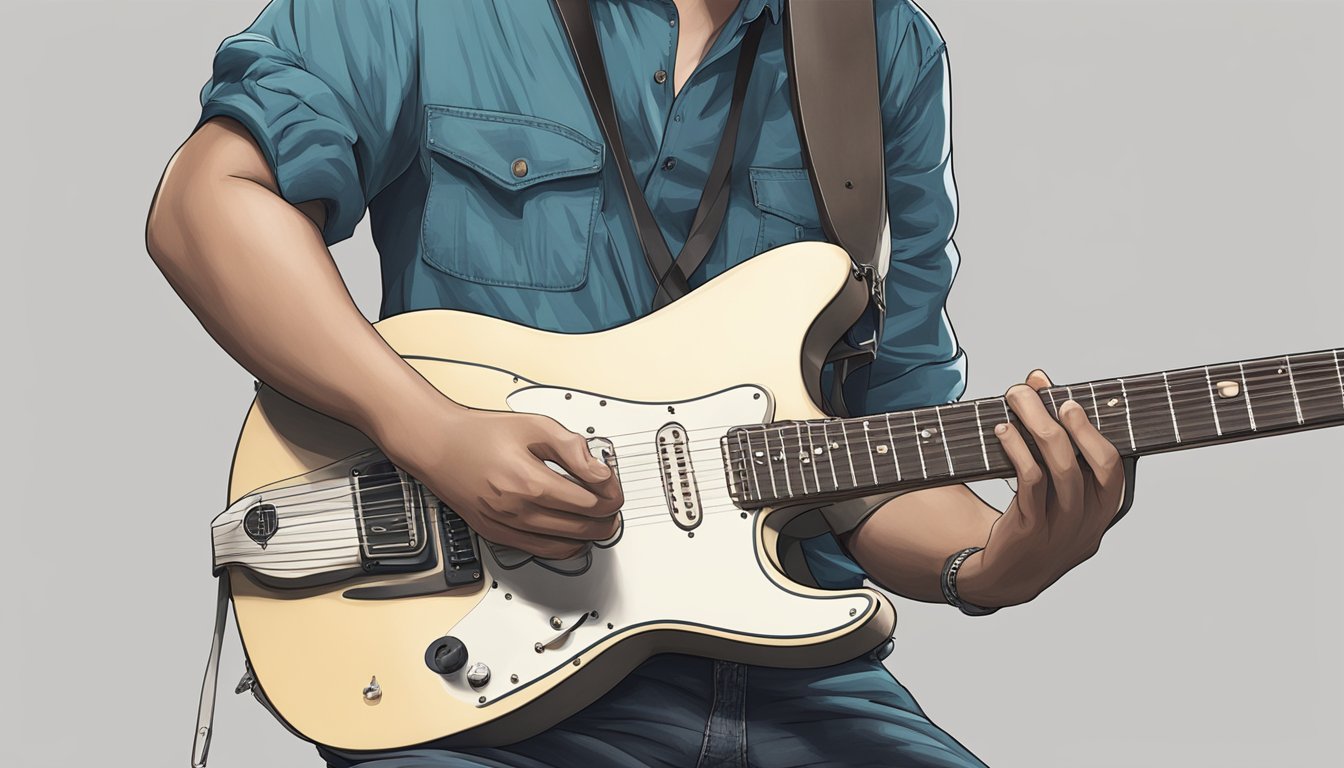 A right-handed guitar held against a body, neck pointing to the left, fingers wrapped around the neck, and the body resting on the right thigh