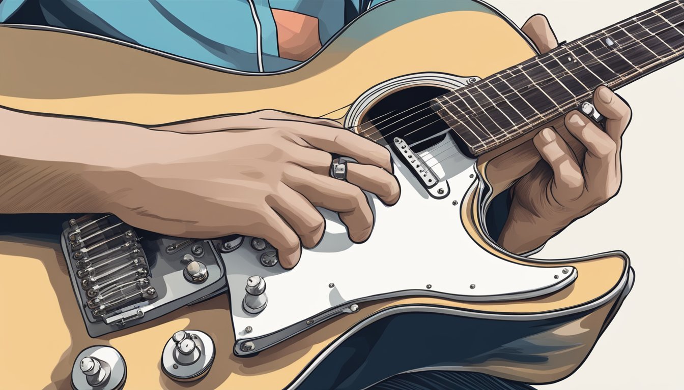 A right-handed guitar resting on a player's lap, with the neck pointing to the left and the body of the guitar facing forward
