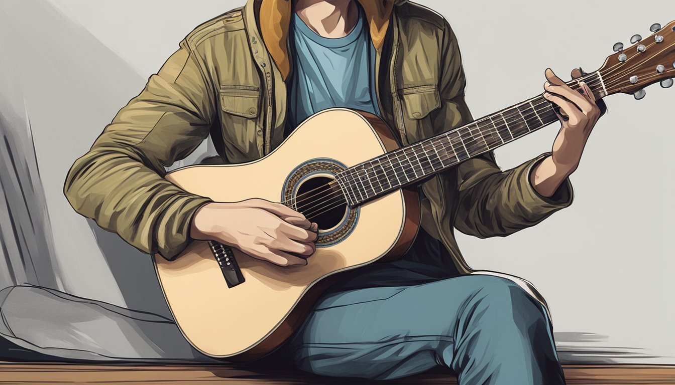 A person sits upright, cradling a guitar in their lap.</p><p>Their fingers lightly touch the strings, while their other hand supports the neck of the instrument