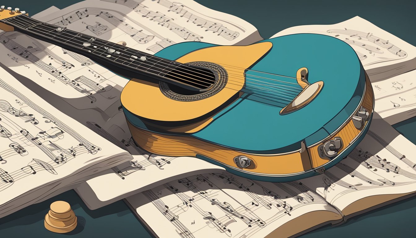 A guitar resting on a stand, surrounded by sheet music and a metronome.</p><p>A music theory book open to a chapter on chord progressions