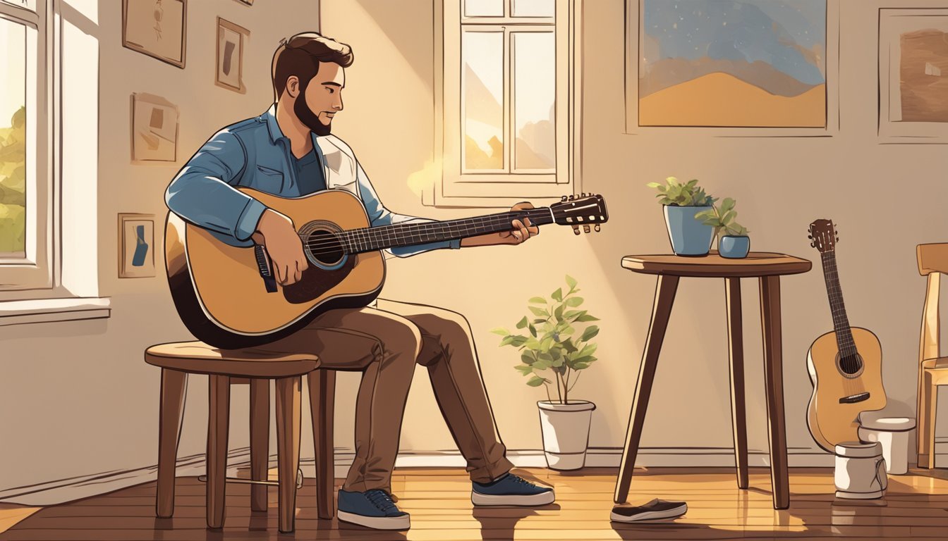 An acoustic guitar being strummed with fingers on a wooden stool in a cozy, sunlit room with music notes floating in the air