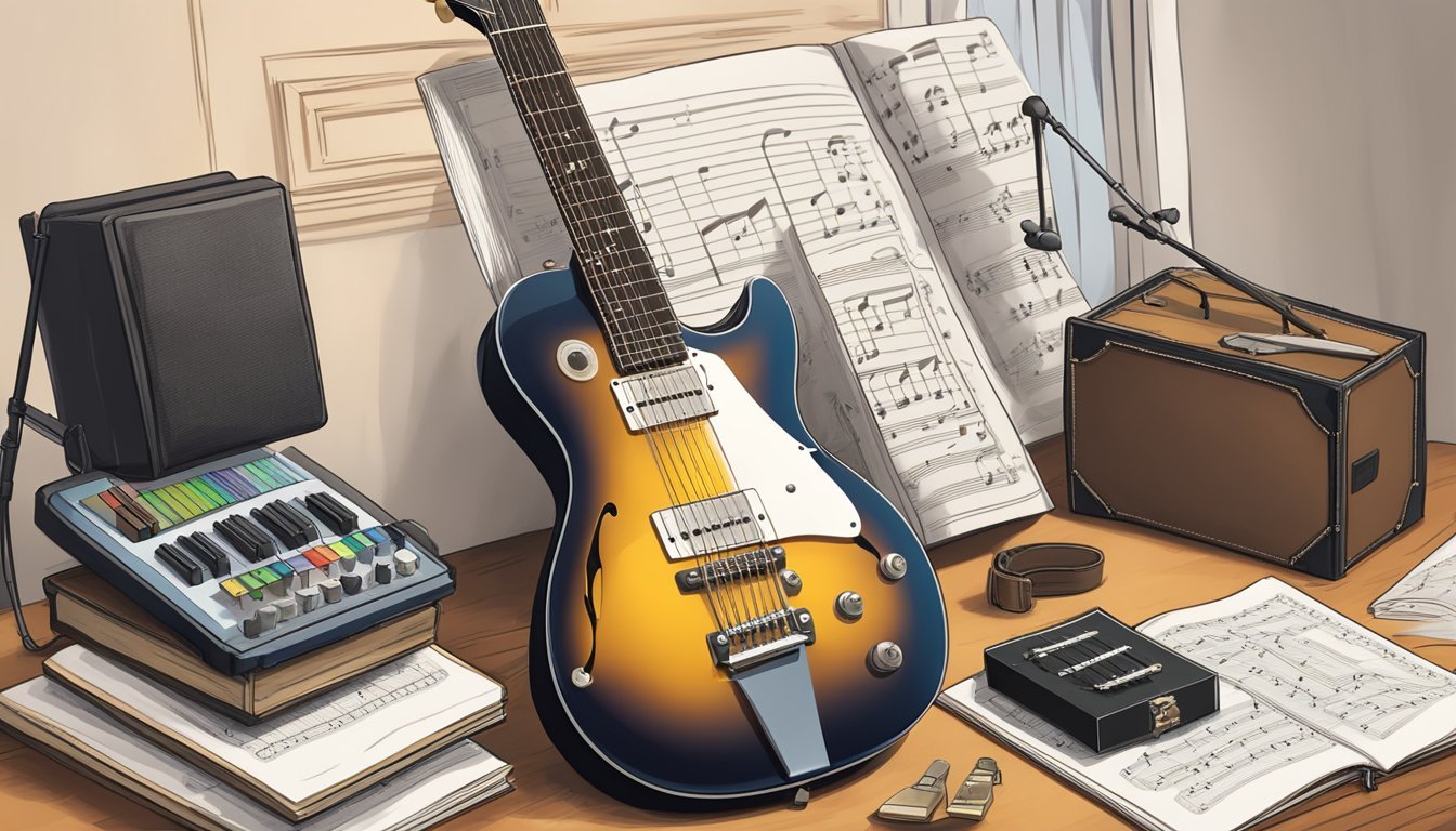A guitar resting on a stand, surrounded by sheet music, a metronome, and a music stand with a book of guitar lessons open to a beginner's page