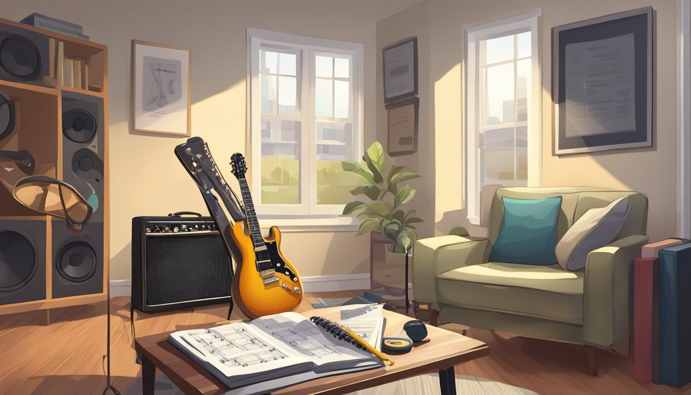An electric guitar resting on a stand, surrounded by music sheets, a metronome, and a tuner.</p><p>A chair sits in the background, waiting for a dedicated learner