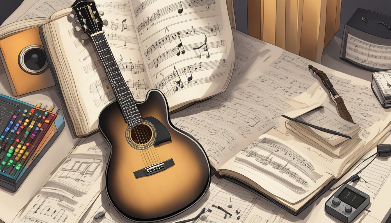 A guitar placed on a stand, surrounded by music sheets, a metronome, and a tuner.</p><p>A book on advanced guitar techniques lies open nearby