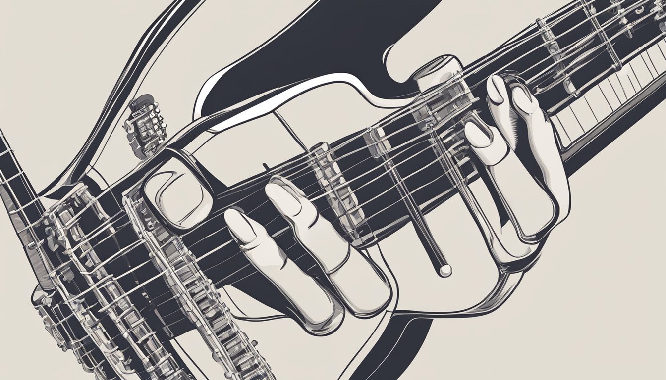 Fingers press down on guitar strings to form chords