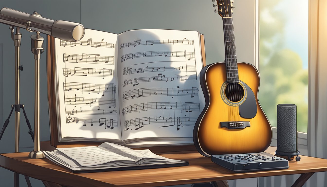 A guitar propped up on a stand, sheet music open on a music stand, with a metronome ticking in the background