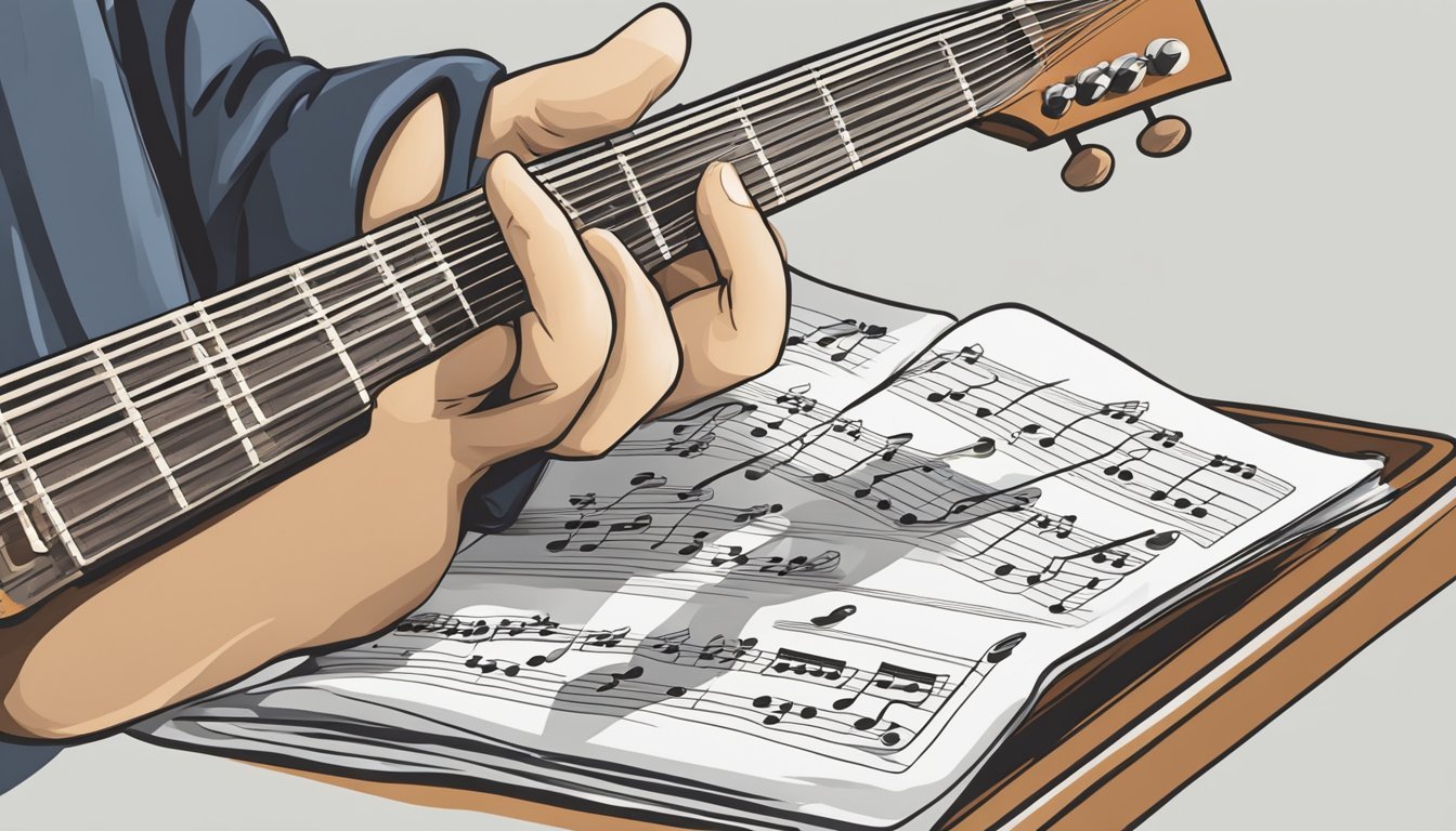 A guitar tab sheet laid out on a music stand, with a guitar resting beside it.</p><p>A musician's hand reaches for the sheet, ready to interpret and play the music