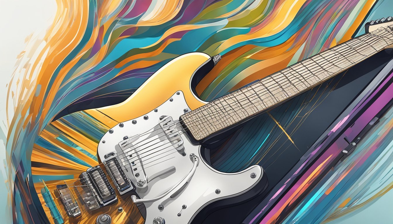 An electric guitar being strummed, with fingers pressing down on the frets, amplifier in the background emitting sound waves